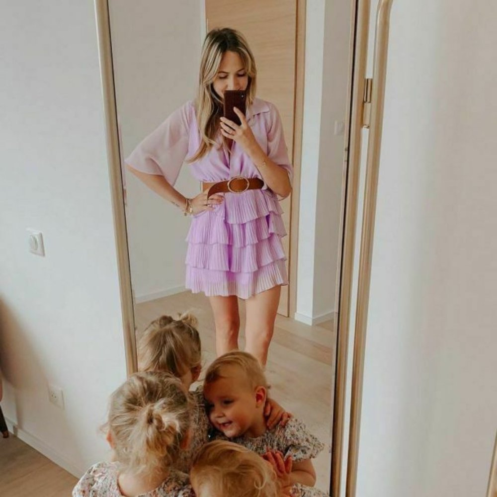 🍀 ZARA PLEATED RUFFLED LILAC DRESS WITH BELT_13